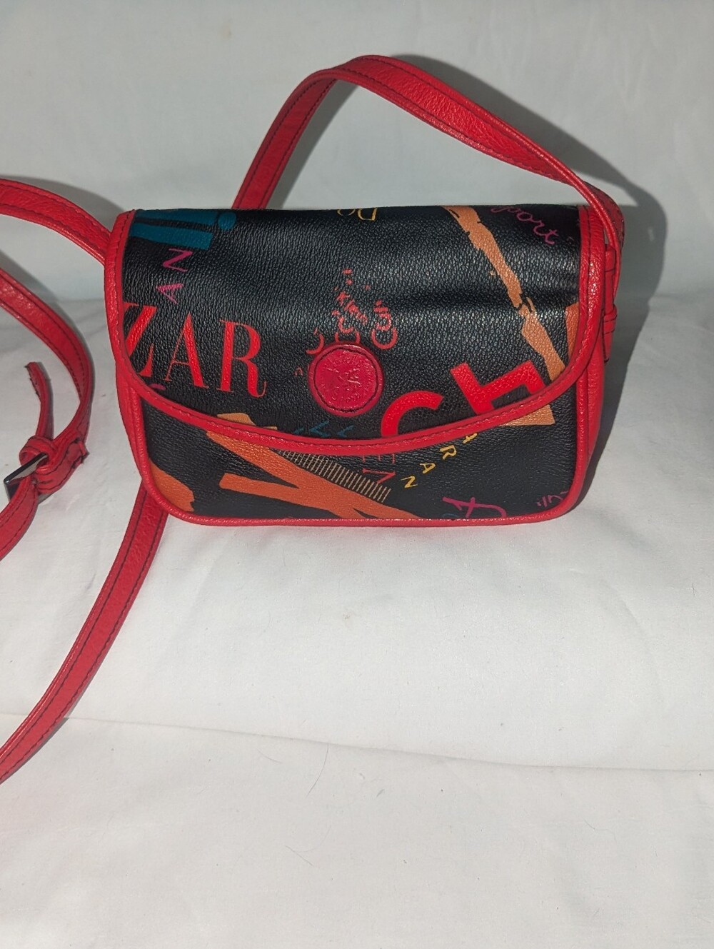 Vintage Falchi Sport Black Graffiti Crossbody Bag with Red Trim.